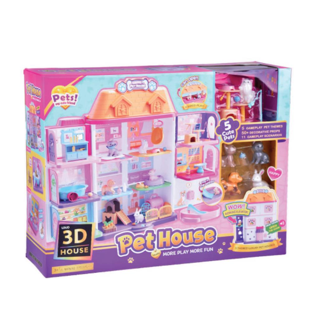 3D Pet House Playset with 5 Cute Pets